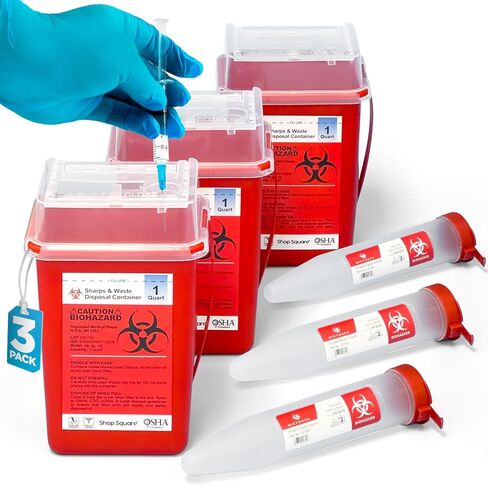 Sharps Container, Sharps Containers for Home Use, Needle Disposal Containers, Sharps Disposal Container, Biohazard Containers - 1 Quart - 3 Pack with 3 Small Sharps Containers with Locking Mechanism in Saudi Arabia