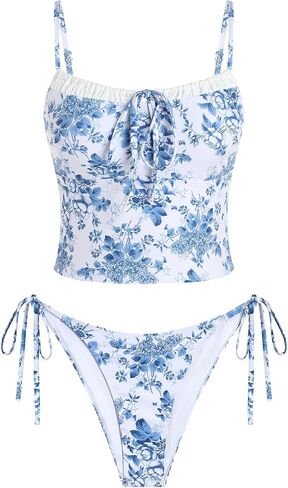 ZAFUL إمرأة لطيف Tankini ملابس السباحة القماش القطني قطعتين الأزهار Tankinis مجموعات Y2K اللون كتلة المايوه مع التعادل الجانب السفلي in Saudi Arabia