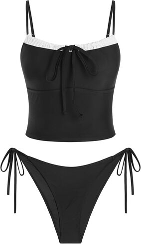 ZAFUL إمرأة لطيف Tankini ملابس السباحة القماش القطني قطعتين الأزهار Tankinis مجموعات Y2K اللون كتلة المايوه مع التعادل الجانب السفلي in Saudi Arabia