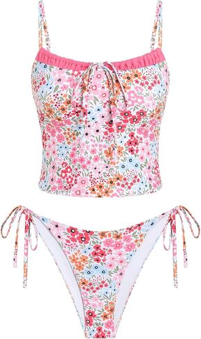 ZAFUL إمرأة لطيف Tankini ملابس السباحة القماش القطني قطعتين الأزهار Tankinis مجموعات Y2K اللون كتلة المايوه مع التعادل الجانب السفلي in Saudi Arabia