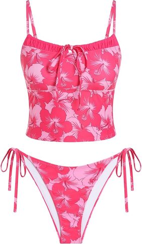 ZAFUL إمرأة لطيف Tankini ملابس السباحة القماش القطني قطعتين الأزهار Tankinis مجموعات Y2K اللون كتلة المايوه مع التعادل الجانب السفلي in Saudi Arabia