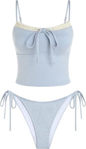 ZAFUL إمرأة لطيف Tankini ملابس السباحة القماش القطني قطعتين الأزهار Tankinis مجموعات Y2K اللون كتلة المايوه مع التعادل الجانب السفلي in Saudi Arabia