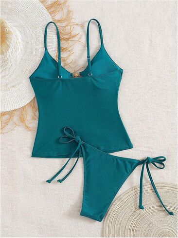 WDIRARA Women's 2 Piece Cut Out Tankini Set Metal Linked Tie Side Thong Bathing Suit in Saudi Arabia