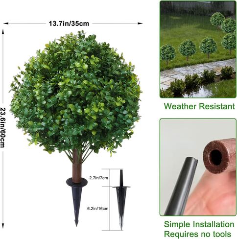 23.6" Artificial Boxwood Topiary Ball Trees, 2 Pack UV Resistant Artificial Plants Outdoor, Boxwood Balls with Ground Spike, Fake Plants for Front Porch Decor, Outdoor, Indoor (Green) in Saudi Arabia