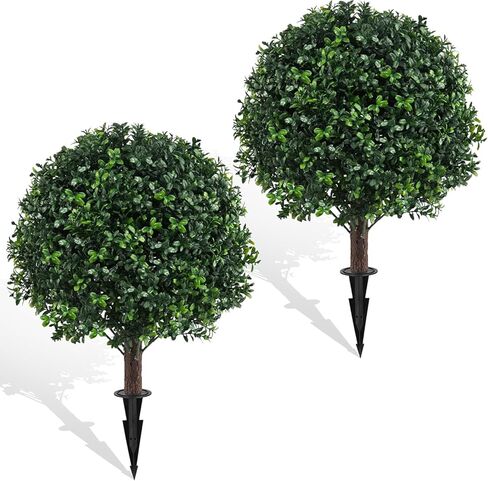 23.6" Artificial Boxwood Topiary Ball Trees, 2 Pack UV Resistant Artificial Plants Outdoor, Boxwood Balls with Ground Spike, Fake Plants for Front Porch Decor, Outdoor, Indoor (Green) in Saudi Arabia
