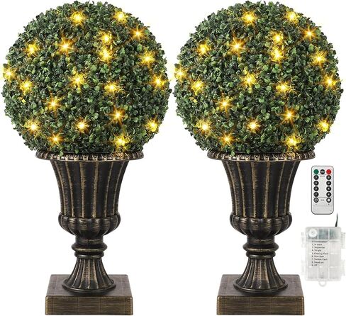 كرة توبياري صناعية مضاءة مسبقًا مقاس 40.64 سم، عبوتان من كرات خشب البقس الصناعي مع قاعدة وعاء متينة، نباتات وهمية تعمل بالبطارية لتزيين عطلة الزفاف في الفناء الخلفي، ذهبي in Kuwait