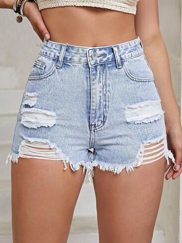 Women's Ripped Jean Shorts Frayed Raw Hem High Waisted Distressed Denim Shorts in Saudi Arabia