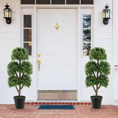 GOFLAME 45" Artificial Boxwood Topiary Ball Tree, Faux 5-Ball Potted Topiary Plant in Cement-Filled Pot, Indoor Outdoor Greenery Decorative Topiary Tree for Home, Office, Front Porch in Saudi Arabia