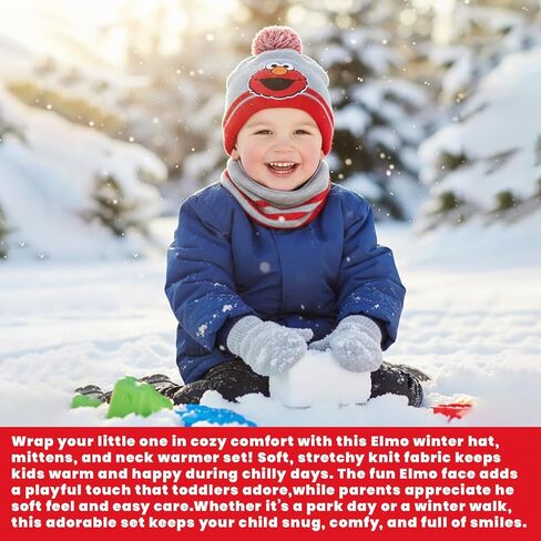 Sesame Street Baby Boys' Elmo Cold Weather Set - Hat, Mittens, Gaiter Neck Scarf – Winter Accessories for Toddlers (2T-4T), Size Age-2T-4T, Elmo Hat Mitten Gaiter Set- Toddler in Saudi Arabia
