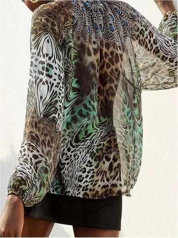 SweatyRocks Women's Tie Neck Leopard Chiffon Blouses Bishop Sleeve Mesh Oversized Shirts in Saudi Arabia