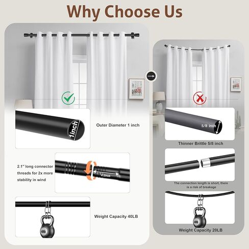 قضبان ستائر XDW-GIFTS للنوافذ من 32 إلى 46 بوصة، قطر 1 بوصة، قضيب ستائر معدني أسود شديد التحمل، عمود ستائر قابل للتعديل مع دعامة طراز حديث مناسب لغرفة النوم وغرفة المعيشة in Saudi Arabia