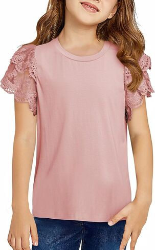 Girls T Shirts Tween Summer Top Teen Crewneck Cute Lace Short Sleeeve Blouse Size 6-15 Years Old in Saudi Arabia