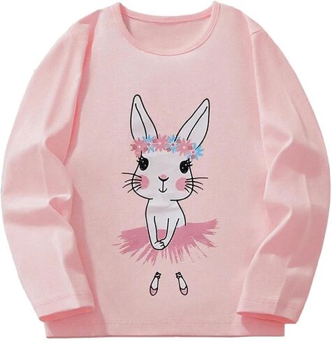 Girl Long Sleeve T-Shirt, Rabbit Printed Crewneck Top, Casual Spring Fall Winter Daily Wear Fashion Shirt for 3-8 Years in Saudi Arabia