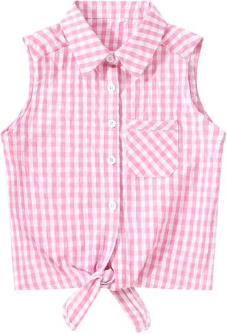 Girls Western Shirt Plaid Sleeveless Button Down Cowgirl Outfits Tie Knot Blouse Shirts in Saudi Arabia