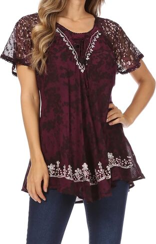 Sakkas Ash Speckled Tiedye Embroidered Cap Sleeve Blouse Top with Embroidery Hems in Saudi Arabia