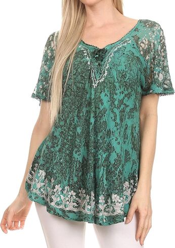 Sakkas Ash Speckled Tiedye Embroidered Cap Sleeve Blouse Top with Embroidery Hems in Saudi Arabia