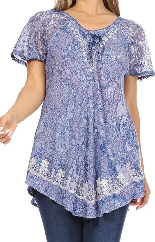 Sakkas Ash Speckled Tiedye Embroidered Cap Sleeve Blouse Top with Embroidery Hems in Saudi Arabia