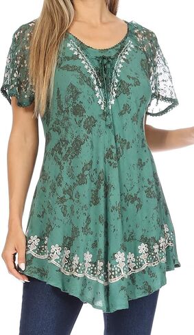 Sakkas Ash Speckled Tiedye Embroidered Cap Sleeve Blouse Top with Embroidery Hems in Saudi Arabia