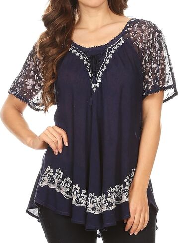 Sakkas Ash Speckled Tiedye Embroidered Cap Sleeve Blouse Top with Embroidery Hems in Saudi Arabia