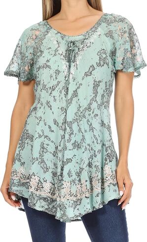 Sakkas Ash Speckled Tiedye Embroidered Cap Sleeve Blouse Top with Embroidery Hems in Saudi Arabia