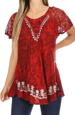 Sakkas Ash Speckled Tiedye Embroidered Cap Sleeve Blouse Top with Embroidery Hems in Saudi Arabia