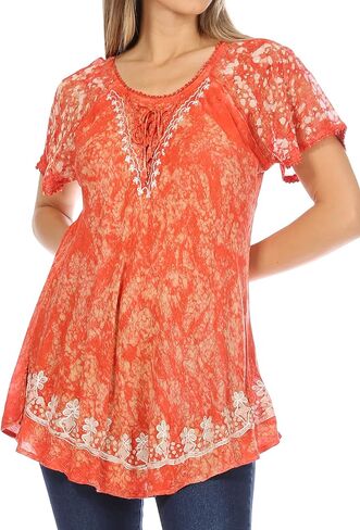 Sakkas Ash Speckled Tiedye Embroidered Cap Sleeve Blouse Top with Embroidery Hems in Saudi Arabia