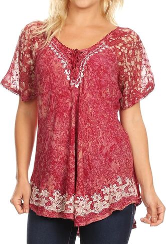 Sakkas Ash Speckled Tiedye Embroidered Cap Sleeve Blouse Top with Embroidery Hems in Saudi Arabia