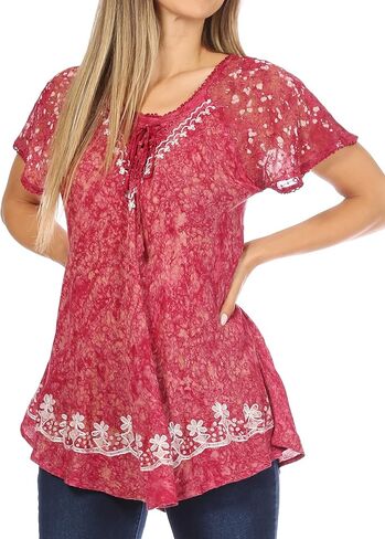 Sakkas Ash Speckled Tiedye Embroidered Cap Sleeve Blouse Top with Embroidery Hems in Saudi Arabia
