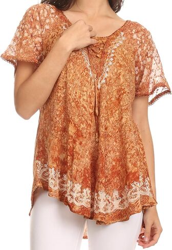 Sakkas Ash Speckled Tiedye Embroidered Cap Sleeve Blouse Top with Embroidery Hems in Saudi Arabia