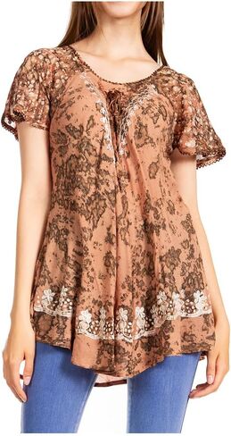 Sakkas Ash Speckled Tiedye Embroidered Cap Sleeve Blouse Top with Embroidery Hems in Saudi Arabia