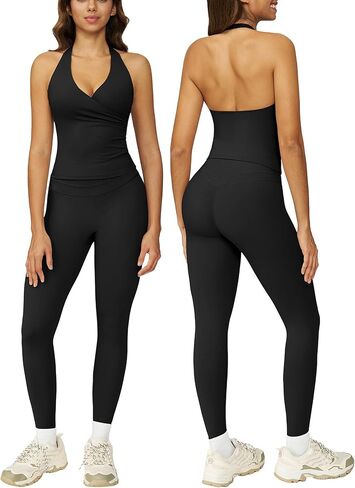 ABOCIW Two Piece Workout Sets for Women Wrap Halter Tank Top High Waist Leggings Yoga Pilates Outfits in Saudi Arabia