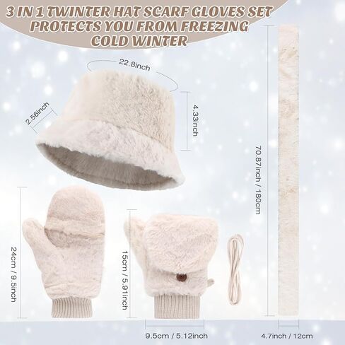 3 Pcs Winter Faux Fur Hat Scarf Gloves Set for Women Faux Fur Bucket Hat Winter Flip Gloves Warm Scarf for Men Women in Saudi Arabia