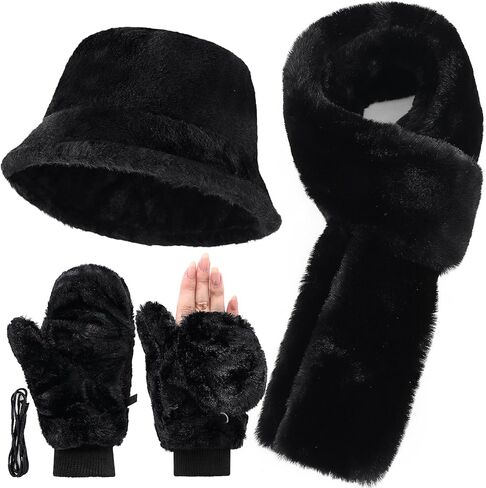 3 Pcs Winter Faux Fur Hat Scarf Gloves Set for Women Faux Fur Bucket Hat Winter Flip Gloves Warm Scarf for Men Women in Saudi Arabia