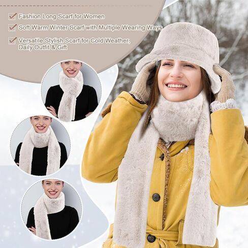 3 Pcs Winter Faux Fur Hat Scarf Gloves Set for Women Faux Fur Bucket Hat Winter Flip Gloves Warm Scarf for Men Women in Saudi Arabia