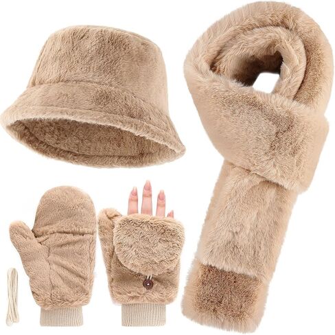 3 Pcs Winter Faux Fur Hat Scarf Gloves Set for Women Faux Fur Bucket Hat Winter Flip Gloves Warm Scarf for Men Women in Saudi Arabia