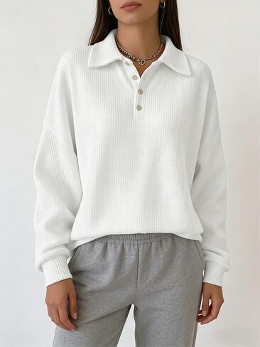Women's Long-Sleeve Waffle Knit Polo Sweater Relaxed-Fit Collared Top for Daily, Work & Leisure Activities in Saudi Arabia