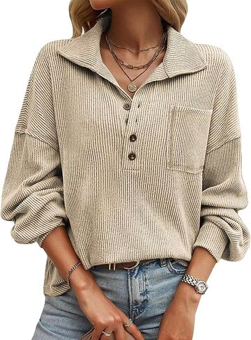 Flamingals Cinched Waist Tops for Women V Neck Long Sleeve Space Dye Button Front Casual Knit Shirts Tops Fall Fashion in Saudi Arabia