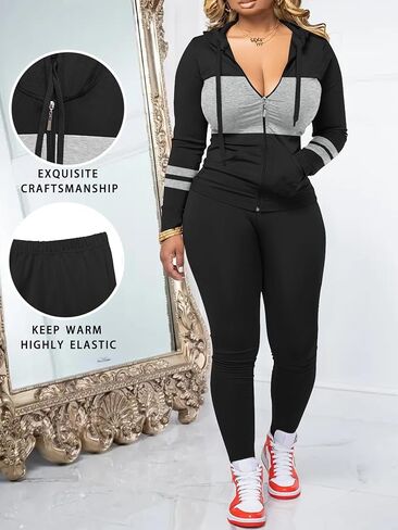 Women 2 Piece Outfits Workout Sets Bodycon Tracksuit Long Sleeve Zip Up Hoodie Jacket Jogger Matching Sweat Pant Set in Saudi Arabia
