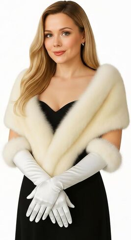 72" Faux Fur Set for Women Fur Shawl Long Satin Gloves 1920s Warmer Collar Wrap for Winter Bridal Wedding in Saudi Arabia