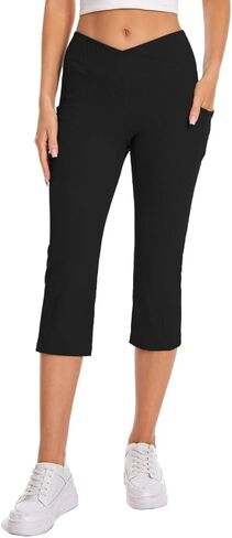 Women's Cross Waist Capri Running Leggings Yoga with Side Pockets Athletic Exercise High Waisted Tummy Control in Saudi Arabia