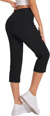 Women's Cross Waist Capri Running Leggings Yoga with Side Pockets Athletic Exercise High Waisted Tummy Control in Saudi Arabia