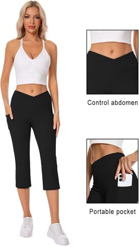 Women's Cross Waist Capri Running Leggings Yoga with Side Pockets Athletic Exercise High Waisted Tummy Control in Saudi Arabia