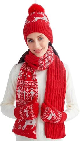 مجموعة قفازات ووشاح وقبعة مكونة من 3 قطع للنساء والرجال، مجموعة قفازات شتوية ناعمة متماسكة لعيد الميلاد وقبعة لتدفئة الرقبة in Kuwait