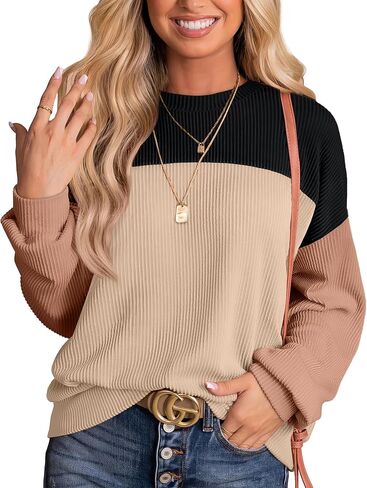 WIHOLL Womens Fall Fashion 2024 Color Block Long Sleeve Crewneck Knitted Ribbed Shirts Tunic Tops Casual Loose Trendy in Kuwait