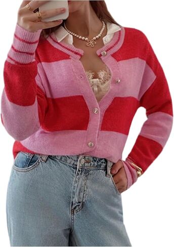 SHENHE Women's Color Block Cardigan Button Up Crew Neck Soft Knit Fall Sweater Cardigan in Saudi Arabia