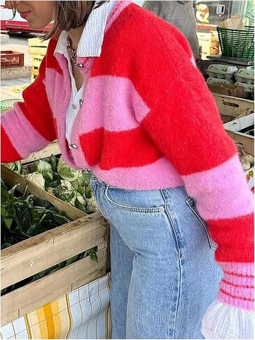SHENHE Women's Color Block Cardigan Button Up Crew Neck Soft Knit Fall Sweater Cardigan in Saudi Arabia