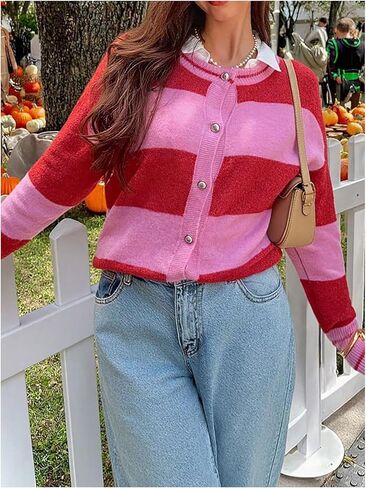SHENHE Women's Color Block Cardigan Button Up Crew Neck Soft Knit Fall Sweater Cardigan in Saudi Arabia
