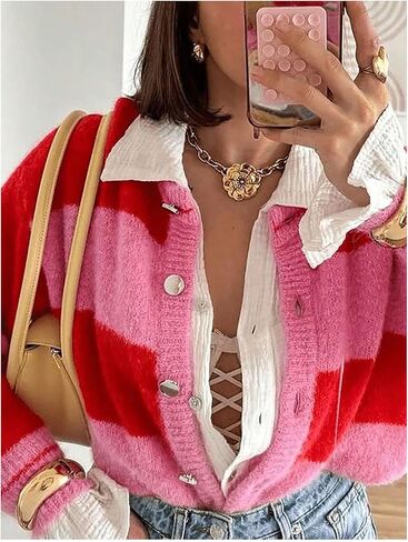 SHENHE Women's Color Block Cardigan Button Up Crew Neck Soft Knit Fall Sweater Cardigan in Saudi Arabia