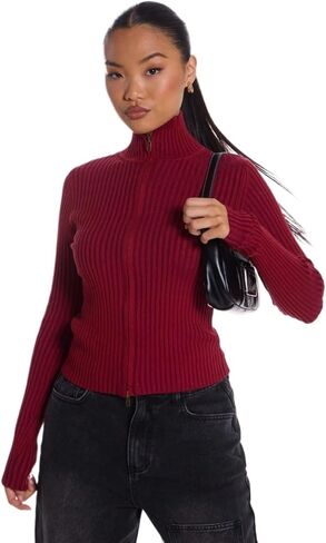 Women's Cardigan Ribbed High Neck Zip Up Top in Saudi Arabia