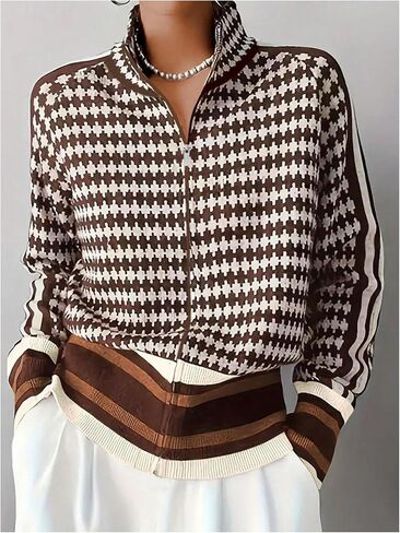 WDIRARA Women's Houndstooth Zip Up Cardigan Sweaters Long Sleeve Knit Cardigans Jacket in Saudi Arabia